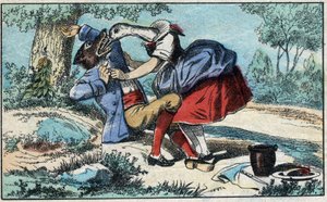 Wilk i bocian. Bajki Jean de La Fontaine (1621-95). Obrazowanie epinal z końca XIX wieku. autorstwa French School
