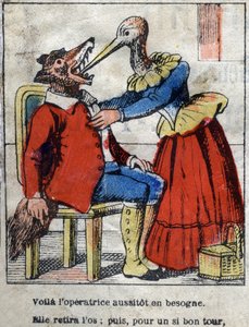 Wilk i bocian. Bajki Jean de La Fontaine (1621-95). Obrazowanie epinal z końca XIX wieku. autorstwa French School