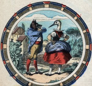 Wilk i bocian. Bajki Jean de La Fontaine (1621-95). Obrazowanie epinal z końca XIX wieku. autorstwa French School