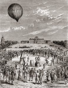 Pierwszy na świecie balon wodorowy, wystrzelony nad Polami Marsowymi w Paryżu w 1783 r. z Les Merveilles de la Science, opublikowany ok. 1870 r. (rycina) autorstwa French School