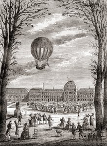 Pierwszy na świecie załogowy lot balonem wodorowym nad Polami Marsowymi w Paryżu, Francja, 1 grudnia 1783 r., pilotowany przez Nicolasa-Louisa Roberta i profesora Jacquesa Charlesa, z Les Merveilles de la Science, opublikowanego ok. 1870 r. (rycina) autorstwa French School