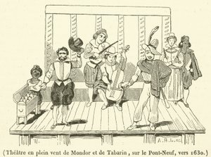 Teatr w plenerze Mondor i Tabarin, na Pont-Neuf, ok. 1630 (rycina) autorstwa French School