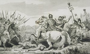 Teodoryk ginie w bitwie z Attylą, niedaleko Chalons, z „Histoire de France” Colarta, wydanej ok. 1840 r. autorstwa French School