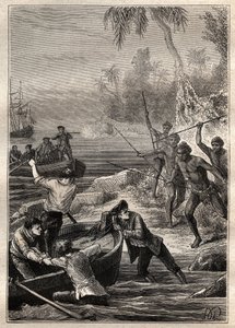Były one dostarczane tak blisko...: Rejs kapitana Jamesa Cooka (1728-1779) do Nowej Zelandii w 1769 r. - nowozelandzcy zaatakują załogę Cooka zbliżającą się do brzegu - ilustracja zaczerpnięta z „Wielkich żeglarzy XVIII wieku ” autorstwa French School