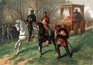Thierry I (? - 533), król Austrazji na wozie ciągniętym przez woły. Chromolitografia z końca XIX wieku. autorstwa French School