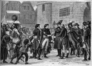 Trzecia wojna wandejska (1799-1800): wodzowie wandei zwracający broń w styczniu 1800 r. - rycina z 1865 r. w „Histoire du Consulate et de l