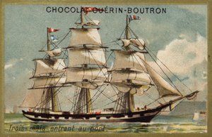 Żaglowiec trójmasztowy wchodzący do portu (chromolitho) autorstwa French School