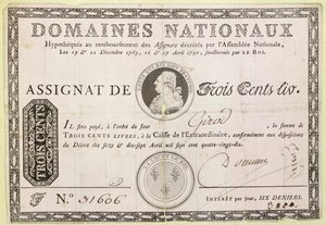Banknot trzysta liwrów, 1790 (atrament na papierze) autorstwa French School