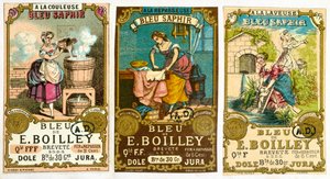 Trzy etykiety proszku do prania marki Bleu de E. Boilley, 1878 autorstwa French School