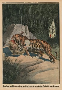 Tygrys atakujący brytyjskiego oficera, ilustracja na tylnej okładce „Le Petit Journal”, dodatek illustre, 3 sierpnia 1913