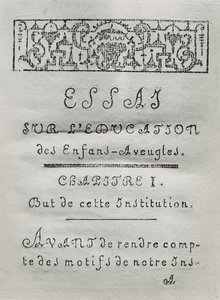 Strona tytułowa pierwszego rozdziału Essai sur leducation des aveugles autorstwa Valentina Hauy (1745-1822) opublikowanego w 1786 r. autorstwa French School