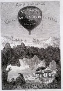 Strona tytułowa: „”Pięć tygodni w balonie”i„Podróż do wnętrza Ziemi””Jules Verne, sd. Edycje Hetzel pod ogólną nazwą „Les Voyages Extraordinary”” autorstwa French School