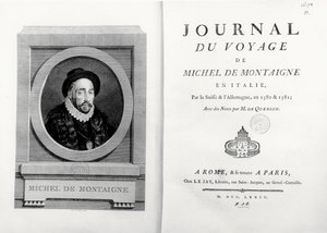 Strona tytułowa i frontyspis z portretem autora autorstwa A. de Saint Aubin, z „Journal de Voyage en Italie 1580 et 1581 de Michel de Montaigne” autorstwa French School