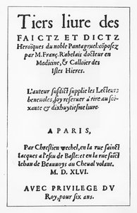Strona tytułowa „Le Tiers livre des Faicts et Dicts Heroique du Bon Pantagruel” François Rabelais (rycina) autorstwa French School