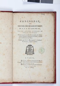 Strona tytułowa Concordat et Recueil des Bulles et Briefs de N.S.P. le Pape Pius VII, wydanej przez Giovanni Battista Caprara, Paryż, Chez Le Clers, 1802 (papier drukowany) autorstwa French School
