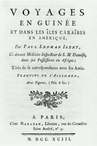 Strona tytułowa Travels in Gwinea and the Caribbean Islands in America autorstwa Paula Erdmana Iserta, opublikowana w 1743 r. autorstwa French School
