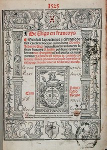 Strona tytułowa z książki o chirurgii Jeana de Vigo (1460-1525) 1525 (drzewryt) autorstwa French School