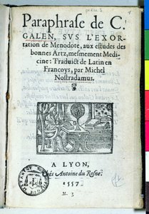 Strona tytułowa Parafrazy de C. Galien autorstwa Michela de Nostradame (Nostradamus) (1503-66) 1557 autorstwa French School