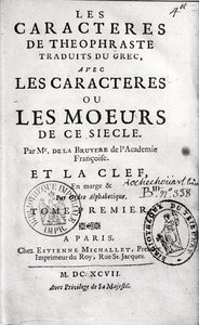 Strona tytułowa Theophrastuss Les Characteres ou les Moeurs w tłumaczeniu Jeana de la Bruyere (1645-96) 1697 autorstwa French School