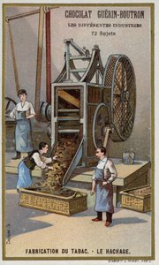 Produkcja tytoniu. Rozdrabnianie liści (chromolitho) autorstwa French School