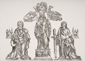 Dekoracja nagrobna przedstawiająca Mikołaja Flamela (ok. 1330-ok. 1418) i jego żonę Pernelle, według dekoracji na Cmentarzu Niewiniątek w Paryżu, z Le Moyen Age et La Renaissance autorstwa Paula Lacroix (1806-84) autorstwa French School