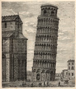 Wieża w Pizie - Torre di Pisa - Tour de Pisa - Grawerowanie w „”Nauki wnoszone na ruszt każdego - Popularna fizyka i chemia” Alexisa Clerca - Koniec XIX wieku - Kolekcja prywatna autorstwa French School