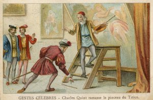 Karta handlowa przedstawiająca Charlesa Quinta podnoszącego pędzel Tycjana (chromolitho) autorstwa French School