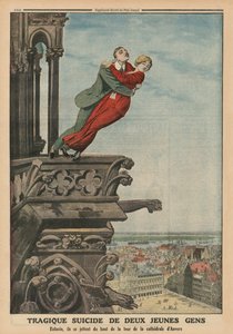 Tragiczne samobójstwo dwojga młodych ludzi z wieży katedry w Antwerpii, ilustracja na tylnej okładce z „Le Petit Journal”, dodatek illustre, 11 maja 1913
