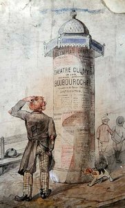 Tramp patrzący na plakat reklamujący sztukę Courteline „Boubouroche” (akwarela na papierze) autorstwa French School