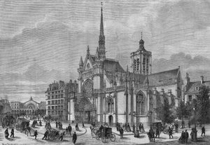 Przemiany Paryża pod II Cesarstwem, Haussmannowski Paryż: widok nowej neogotyckiej fasady kościoła Saint Laurent, bulwar Strasburga, odrestaurowanej przez architekta Simona Claude Constant Dufeux (Constant-Dufeux) (1801-1870) autorstwa French School