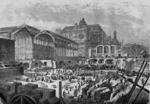 Przemiany Paryża pod II Cesarstwem, Haussmannowski Paryż: widok na nowy pawilon Hal Centralnych autorstwa French School