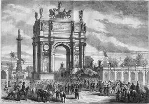 Przemiany Paryża pod rządami II Cesarstwa, Haussmann Paryż: łuk triumfalny podczas inauguracji przez Napoleona III Bulwaru Księcia Eugeniusza (dziś Bulwar Woltera). Grawer w „”Le Monde Illustré””n°296 z 13 grudnia 1862 r. autorstwa French School