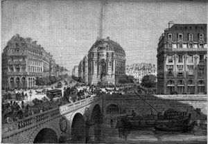 Przemiany Paryża pod rządami Drugiego Cesarstwa, Haussmann Paryż: widok na fontannę Saint Michel (1860) na Bulwarze Sewastopola. Grawer w „”Le Monde Illustré””n°175 z 18 sierpnia 1860 r. autorstwa French School