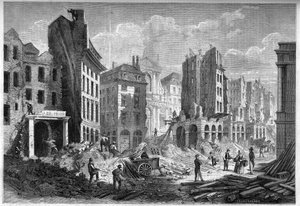 Przemiany Paryża pod II Cesarstwem, Paryż Haussmann: zburzenie Rue de la Barillerie w celu przebicia bulwaru Sewastopola. Grawer w „Le Monde Illustré” nr 126 z dnia 10 września 1859 r. autorstwa French School