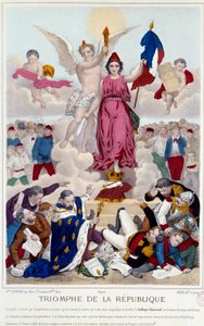 Triumf republiki, rycina z 1875 roku. Alegoria o powszechnych wyborach, które niszczą wrogów republiki: "[...] Ale Francja jest chroniona przed ich spiskiem, idąc na czele cywilizowanych narodów na ścieżce postępu i wolności". autorstwa French School