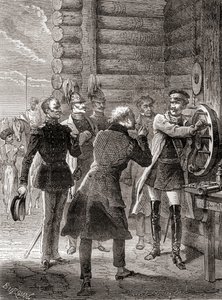 Car Mikołaj I inaugurujący linię telegraficzną semaforów między Moskwą a Warszawą w 1833, przy użyciu modyfikacji systemu semaforów Claude