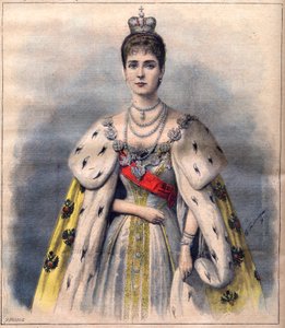 Caryca Aleksandra z Rosji w szatach koronacyjnych - Caryca Aleksandra Fiodorowna w stroju sacrum. Ilustracja do Le Petit Journal, 24 maja 1896 (grafika) autorstwa French School