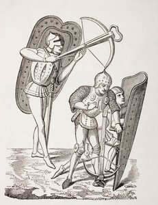 Dwóch XV-wiecznych francuskich kuszników, jeden strzelający ze swojej broni, drugi ładujący ją za pomocą wiatrówki, obaj chronieni przez pawęże, z "Les Arts au Moyen Age", opublikowane w 1873 r. autorstwa French School
