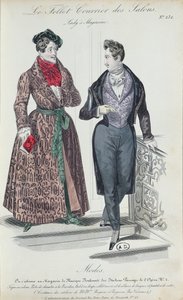 Dwóch eleganckich młodzieńców, 1835 (kolor grawerowany) autorstwa French School