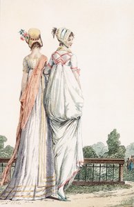 Dwie panie w sukniach promenadowych, 1796 99: kobieta; strój tradycyjny; strój tradycyjny; moda; c18th; pieszy; Powrót; białe sukienki; czapeczka; maski; kapelusze; park; ogród; autorstwa French School