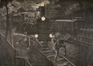 Dwóch mężczyzn potrąconych przez ilustrację pociągu z Le Petit Journal: dodatek illustre, 1898 autorstwa French School