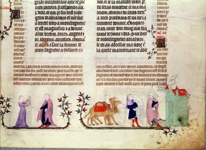 Dwie sceny z historii Rebeki przy studni, z Biblii Jana de Sy, ok. 1355 autorstwa French School
