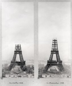 Dwa widoki na budowę Wieży Eiffla, Paryż, 14 października i 14 listopada 1888 r. autorstwa French School