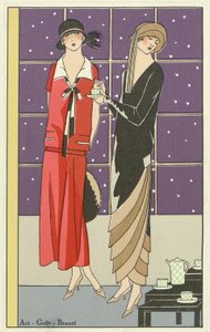 Dwie kobiety pijące herbatę i ubrane w projekty Jean Patou i Beer z pubu Art-Goût-Beauté. 1924 autorstwa French School