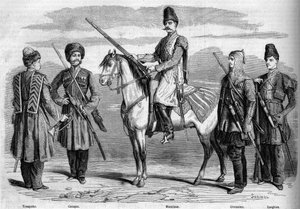Rodzaje i mundury specjalnej eskorty cesarza Rosji. Od lewej do prawej: trąbka, kozak, muzułmanin, czerkieski i lesgijski. Grawer w „”Le Monde Illustré””n°153 z dnia 17 marca 1860 r. autorstwa French School