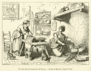 Posiłek w małym pokoju Nuccii (grawerunek) autorstwa French School