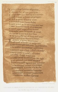 Strona z oksfordzkiego manuskryptu Pieśni o Rolandzie (litografia kolorowa) autorstwa French School