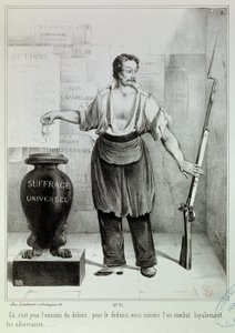 Powszechne głosowanie „”głos albo karabin”” Głos musi walczyć z wrogiem zamiast karabinu. Grawerowanie M.L. Bosredon, kwiecień 1848. Paryż, Musee Carnavalet autorstwa French School