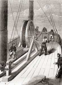 Rozwijanie kabla podwodnego z Dover do Calais na pokładzie Blazera, 25 grudnia 1851, z Les Merveilles de la Science, opublikowanej ok. 1870 (grawerowanie) autorstwa French School