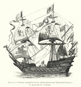 okręt wojenny z XVI wieku; rysowany przez Guillaume Barendsz i grawerowany przez Cl Visschera (grafika) autorstwa French School